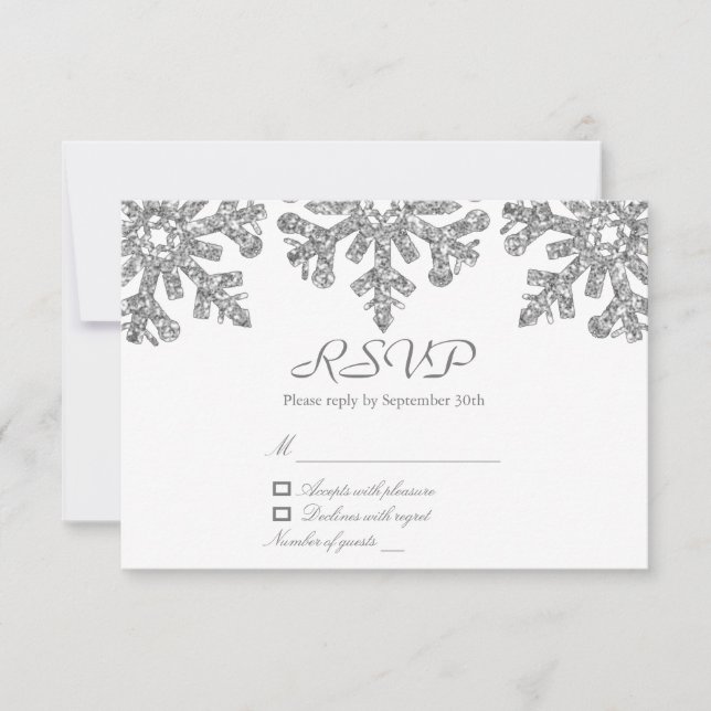 Silver Snowflakes Winter Wedding RSVP Card (Front)