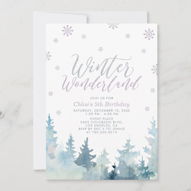 Silver Snowflakes Winter Wonderland 5th Birthday Invitation (Front)