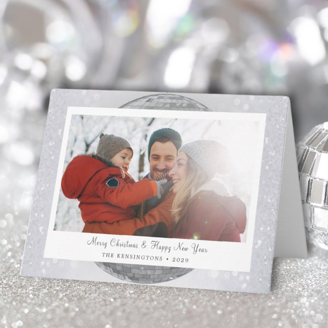 Silver Snowy Holiday with Family Name Card (Personalized Snowflake Disco Ball Christmas Card)