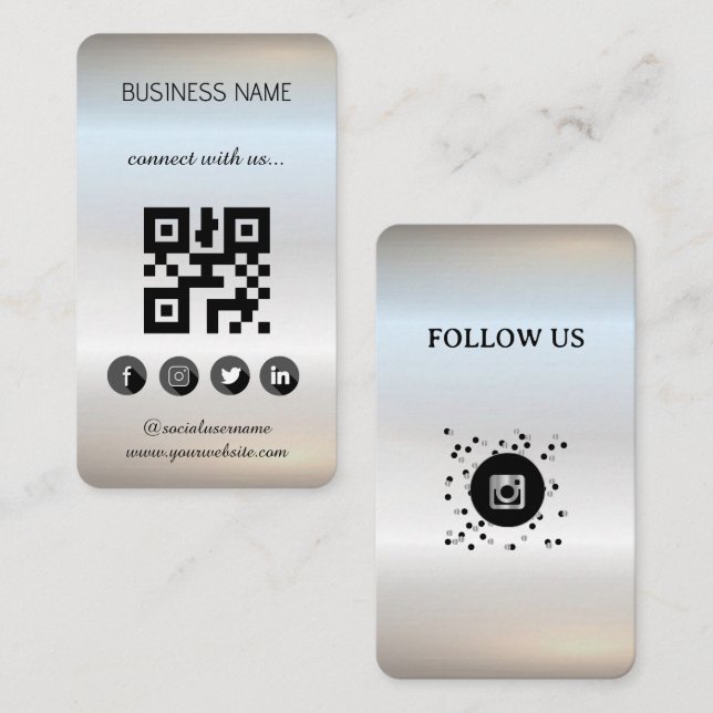 Silver -Social Media QR Code  Business Card (Front/Back)