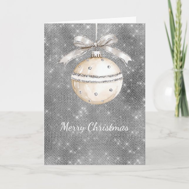 Silver Sparkle Christmas Ornament with Pretty Bow Card (Front)