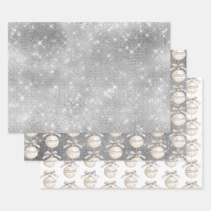 Silver Sparkle Christmas Ornament with Pretty Bow Wrapping Paper Sheet