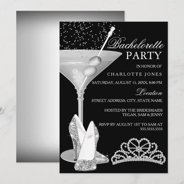 Silver Sparkle Cocktail Bachelorette Party Invitation (Front/Back)