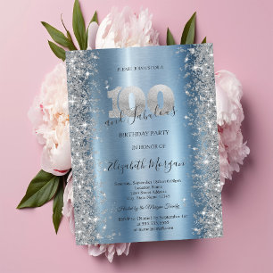 Silver Sparkle Diamonds Blue 100th Birthday   Invitation
