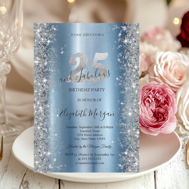 Silver Sparkle Diamonds Blue 25th Birthday   Invitation (Creator Uploaded)