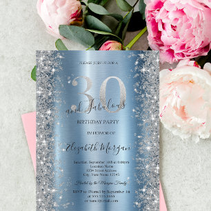 Silver Sparkle Diamonds Blue 30th Birthday   Invitation
