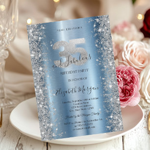 Silver Sparkle Diamonds Blue 35th Birthday Invitation