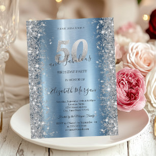 Silver Sparkle Diamonds Blue 50th Birthday Invitation