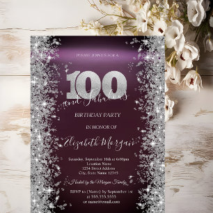 Silver Sparkle Diamonds Burgundy 100th Birthday Invitation