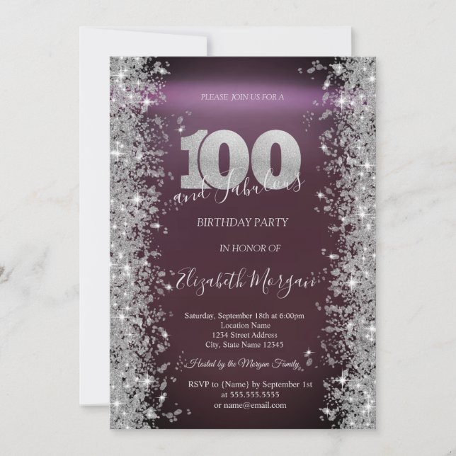 Silver Sparkle Diamonds Burgundy 100th Birthday   Invitation (Front)