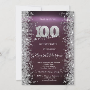 Silver Sparkle Diamonds Burgundy 100th Birthday Invitation