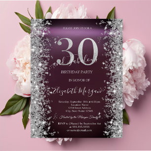 Silver Sparkle Diamonds Burgundy 30th Birthday Invitation