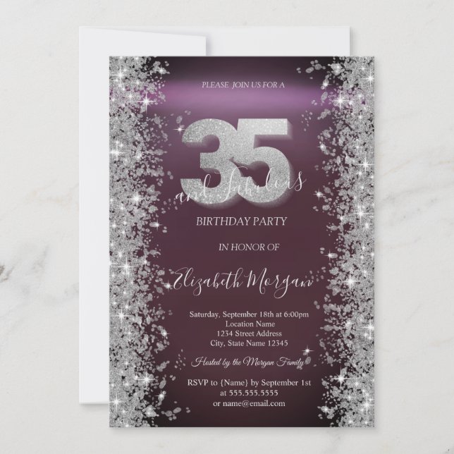 Silver Sparkle Diamonds Burgundy 35th Birthday   Invitation (Front)
