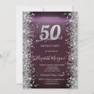 Silver Sparkle Diamonds Burgundy 50th Birthday Invitation