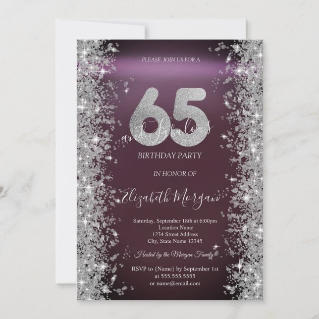 Silver Sparkle Diamonds Burgundy 65th Birthday   Invitation (Front)