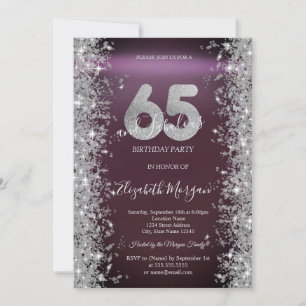 Silver Sparkle Diamonds Burgundy 65th Birthday Invitation