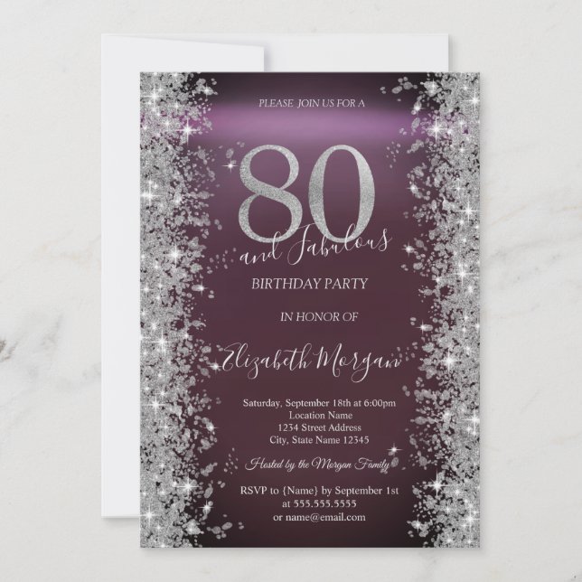 Silver Sparkle Diamonds Burgundy 80th Birthday   Invitation (Front)