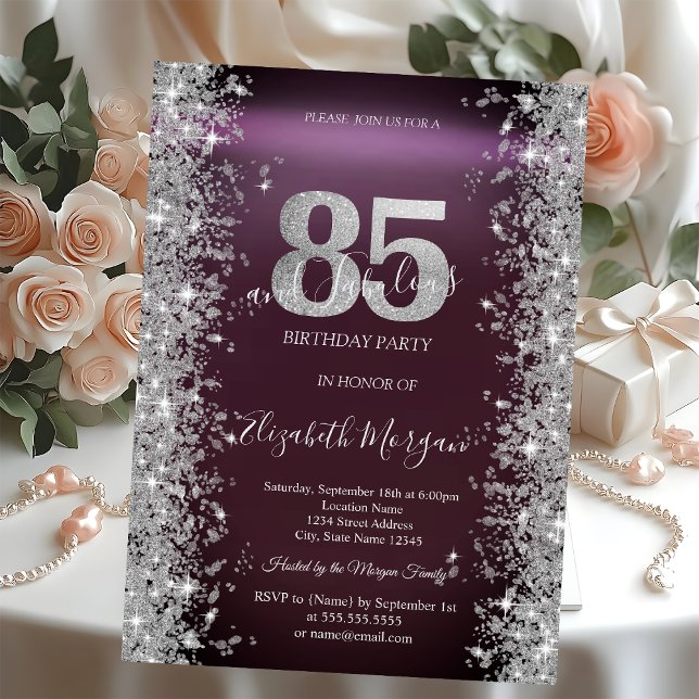 Silver Sparkle Diamonds Burgundy 85th Birthday   Invitation (Creator Uploaded)