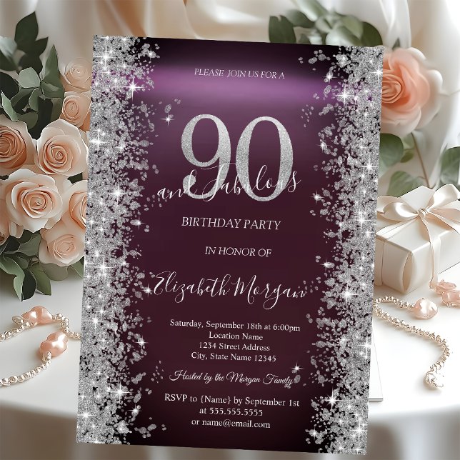 Silver Sparkle Diamonds Burgundy 90th Birthday   Invitation (Creator Uploaded)