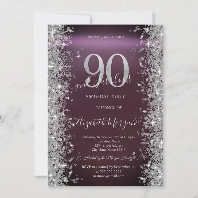 Silver Sparkle Diamonds Burgundy 90th Birthday   Invitation (Front)