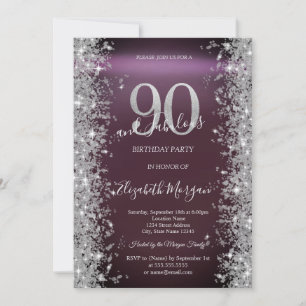 Silver Sparkle Diamonds Burgundy 90th Birthday Invitation
