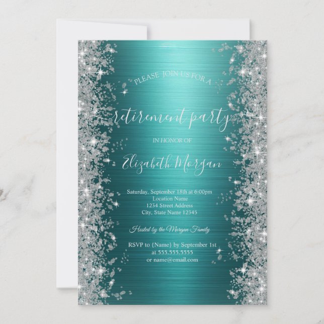 Silver Sparkle Diamonds Green Metallic Retirement  Invitation (Front)