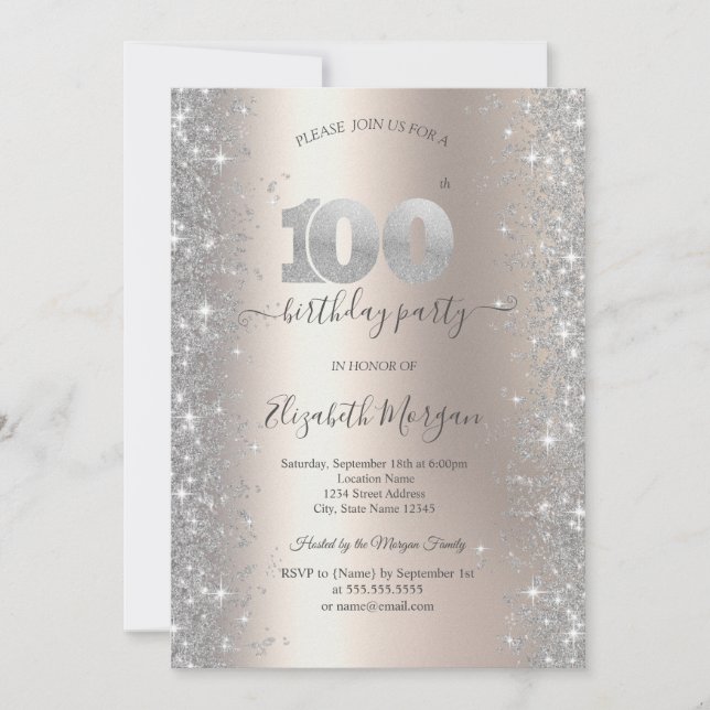 Silver Sparkle Diamonds Ivory 100th Birthday Party Invitation (Front)