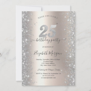 Silver Sparkle Diamonds Ivory 25th Birthday Party Invitation