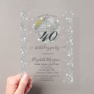 Silver Sparkle Diamonds Ivory 40th Birthday Party Acrylic Invitations