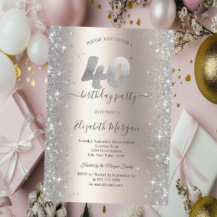 Silver Sparkle Diamonds Ivory 40th Birthday Party Invitation
