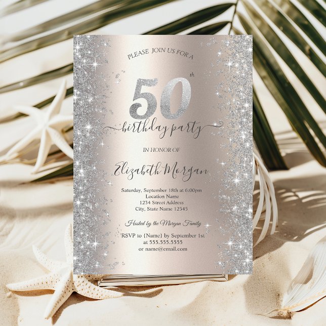 Silver Sparkle Diamonds Ivory 50th Birthday Party Invitation (Creator Uploaded)