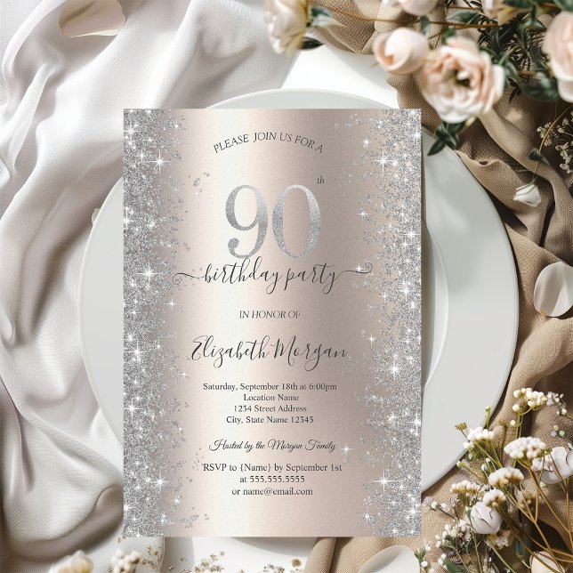 Silver Sparkle Diamonds Ivory 90th Birthday Party Invitation (Creator Uploaded)