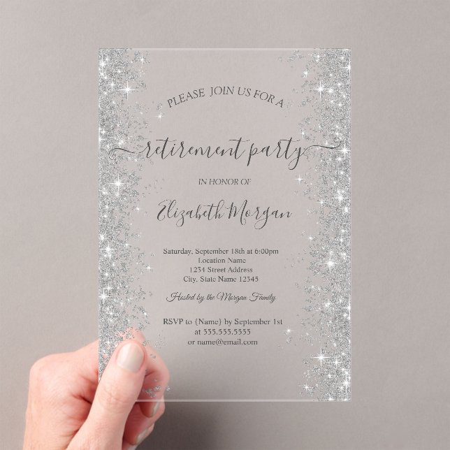 Silver Sparkle Diamonds Ivory Retirement Party Acrylic Invitations (Insitu (Handheld))