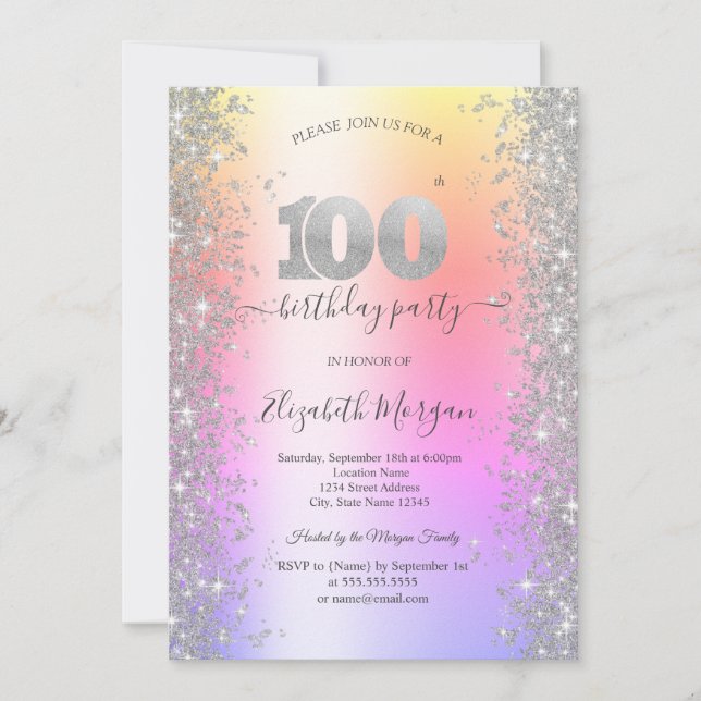 Silver Sparkle Diamonds Ombre 100th Birthday Party Invitation (Front)