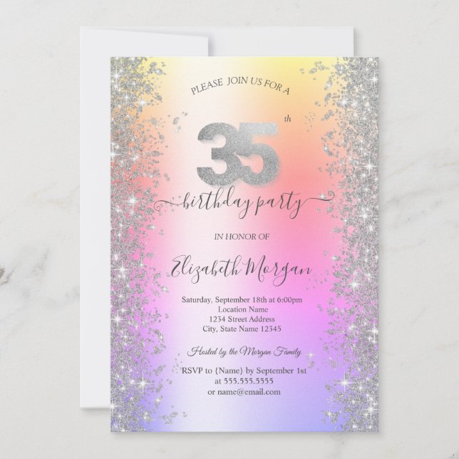 Silver Sparkle Diamonds Ombre 35th Birthday Party Invitation (Front)