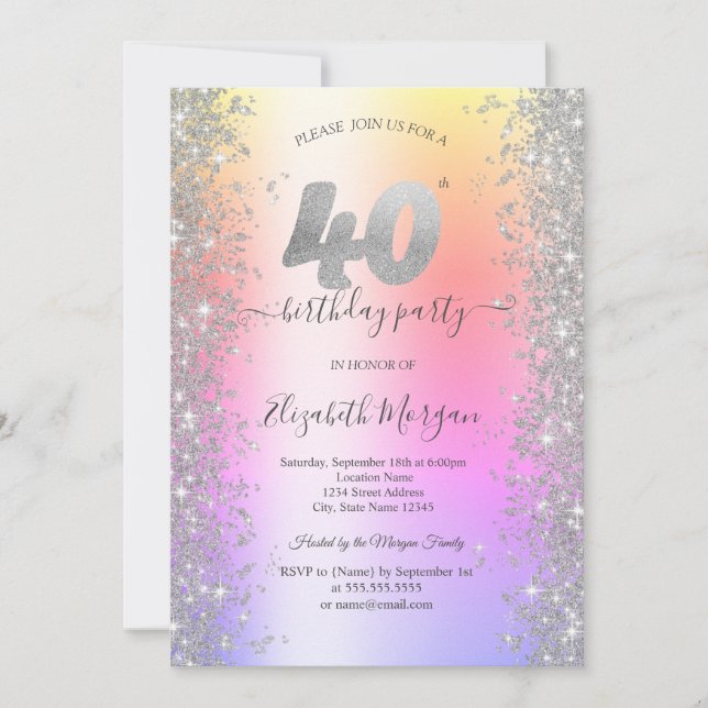 Silver Sparkle Diamonds Ombre 40th Birthday Party Invitation (Front)