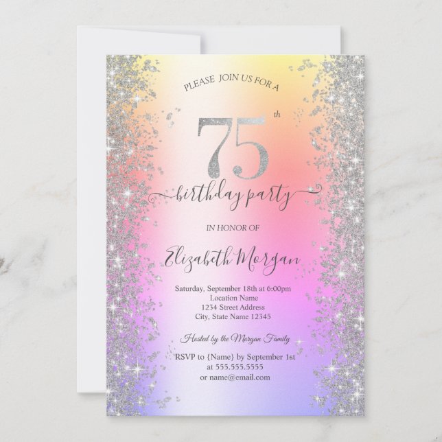 Silver Sparkle Diamonds Ombre 75th Birthday Party Invitation (Front)