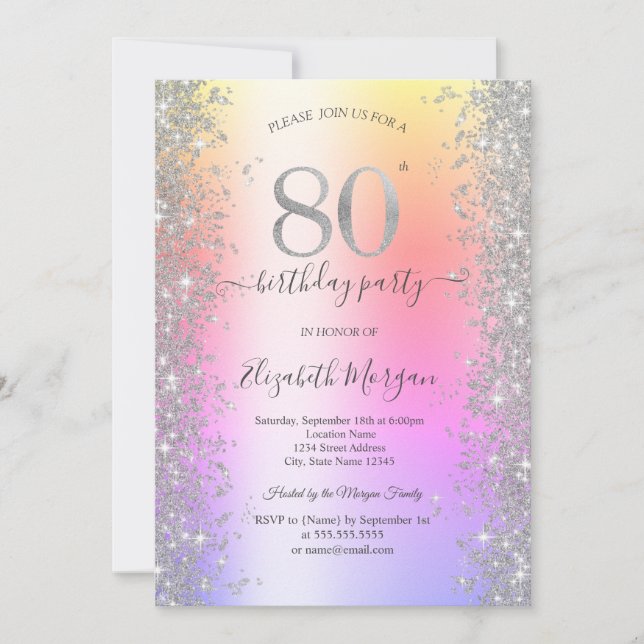 Silver Sparkle Diamonds Ombre 80th Birthday Party Invitation (Front)