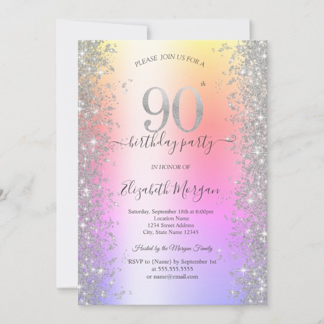 Silver Sparkle Diamonds Ombre 90th Birthday Party Invitation (Front)