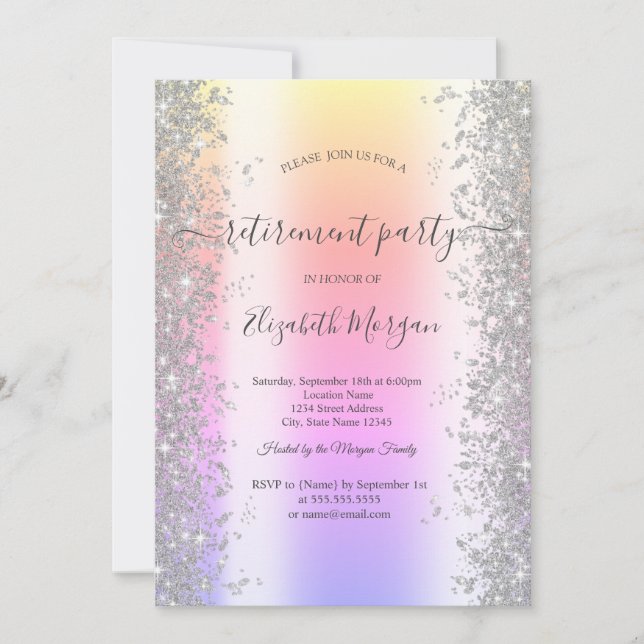 Silver Sparkle Diamonds Ombre Retirement Party Invitation (Front)
