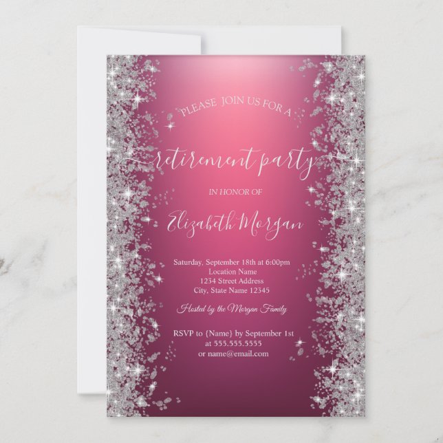 Silver Sparkle Diamonds Red Retirement Party Invitation (Front)