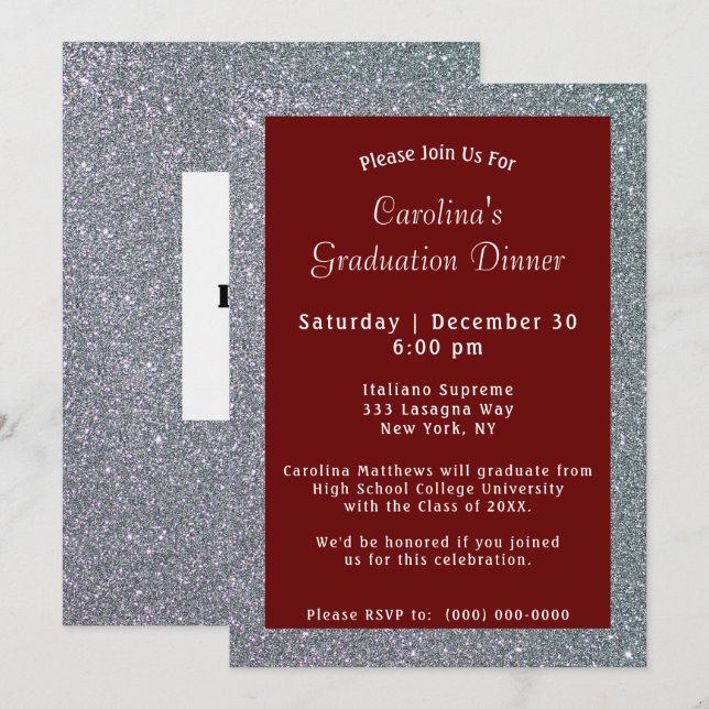 Silver Sparkle Dinner Maroon Graduation Invitation (Front/Back)