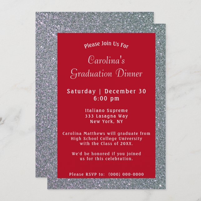 Silver Sparkle Dinner Red Graduation Invitation (Front/Back)