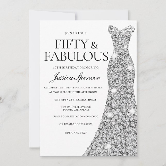 Silver Sparkle Dress 50 & Fabulous 50th Birthday Invitation (Front)
