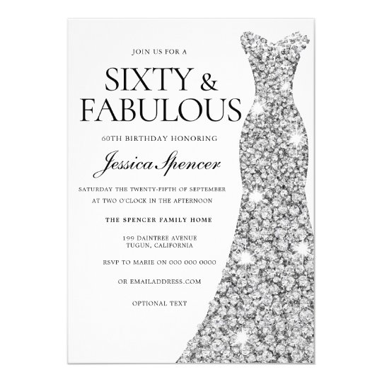 silver sparkle dress 60 fabulous 60th birthday invitation zazzle