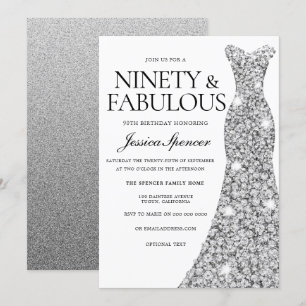 Silver Sparkle Dress 90 & Fabulous 90th Birthday Invitation