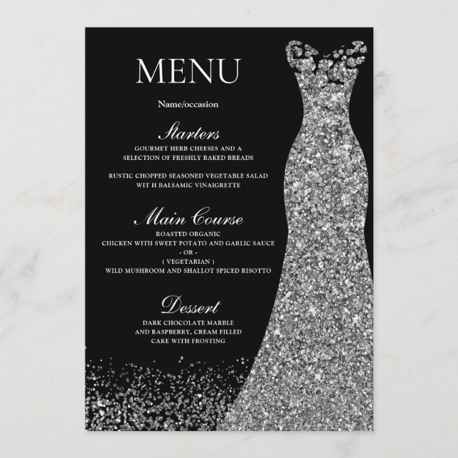 Silver Sparkle Dress Black Birthday Party Bridal Menu (Front)