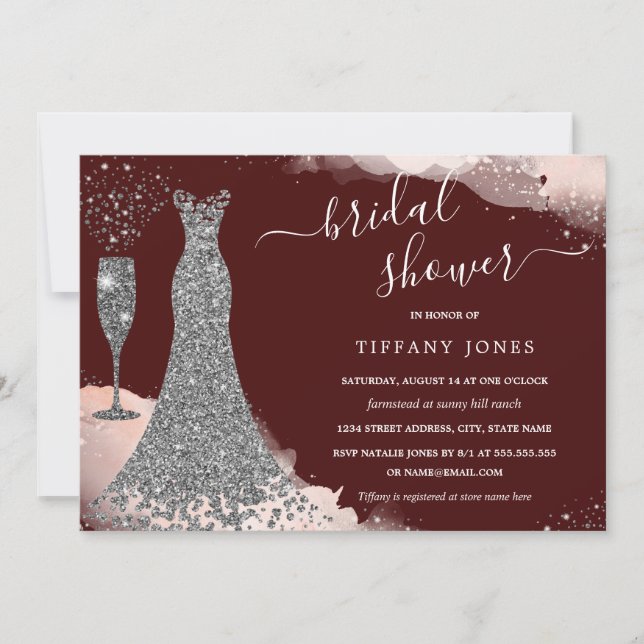 Silver Sparkle Dress Burgundy Bridal Shower   Invitation (Front)