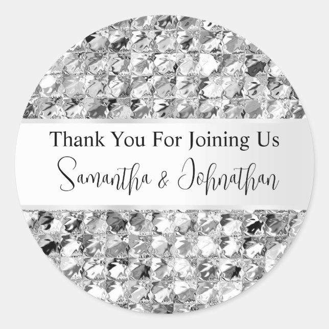 Silver sparkle faux foil aluminium glam metallic  classic round sticker (Front)