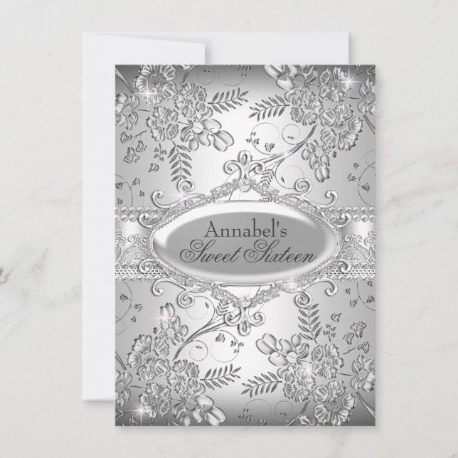 Silver Sparkle Flower Sweet 16 Invite (Front)